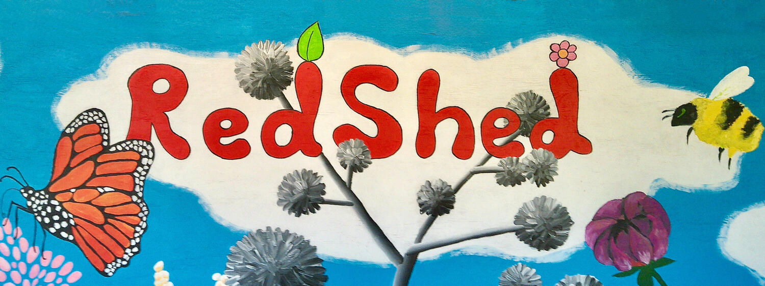 Red Shed Red Shed Community Garden title image, "Red Shed" in painted bubble lettering on a white cloud, blue background, gray and purple flowers, a bumblebee, and a bug.
